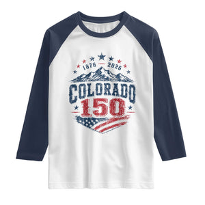 Colorado Rocky Mountains 150th Anniversary Raglan Shirt Sesquicentennial 1876 2026 Patriotic Graphic TS02 White Navy Print Your Wear