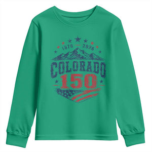 Colorado Rocky Mountains 150th Anniversary Youth Sweatshirt Sesquicentennial 1876 2026 Patriotic Graphic TS02 Irish Green Print Your Wear