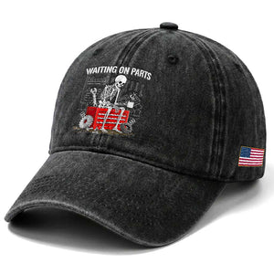 Waiting On Parts Skeleton Mechanic Washed Cotton Baseball Cap Funny Sarcastic Auto Garage Repair Tech