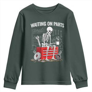 Waiting On Parts Skeleton Mechanic Youth Sweatshirt Funny Sarcastic Auto Garage Repair Tech