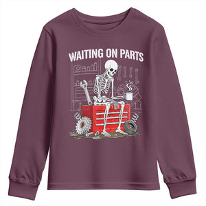 Waiting On Parts Skeleton Mechanic Youth Sweatshirt Funny Sarcastic Auto Garage Repair Tech