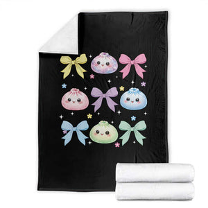 Kawaii Dumpling and Bows Aesthetic Graphic Throw Blanket Cute Pastel Bao Dim Sum Coquette Aesthetic