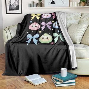 Kawaii Dumpling and Bows Aesthetic Graphic Throw Blanket Cute Pastel Bao Dim Sum Coquette Aesthetic