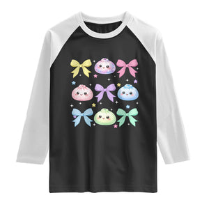 Kawaii Dumpling and Bows Aesthetic Graphic Raglan Shirt Cute Pastel Bao Dim Sum Coquette Aesthetic