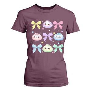 Kawaii Dumpling and Bows Aesthetic Graphic T Shirt For Women Cute Pastel Bao Dim Sum Coquette Aesthetic
