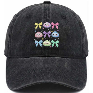 Kawaii Dumpling and Bows Aesthetic Graphic Washed Cotton Baseball Cap Cute Pastel Bao Dim Sum Coquette Aesthetic