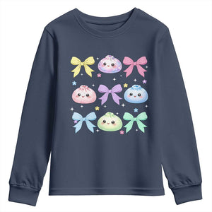 Kawaii Dumpling and Bows Aesthetic Graphic Youth Sweatshirt Cute Pastel Bao Dim Sum Coquette Aesthetic