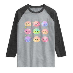 Kawaii Glitter Dumpling Face Grid Graphic Raglan Shirt Cute Pastel Bao Emoji Expressions