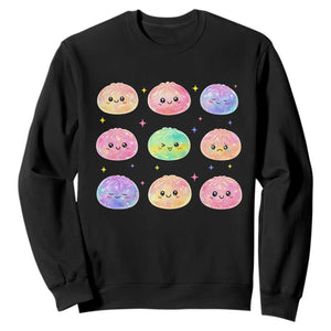 Kawaii Glitter Dumpling Face Grid Graphic Sweatshirt Cute Pastel Bao Emoji Expressions