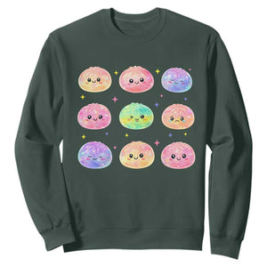 Kawaii Glitter Dumpling Face Grid Graphic Sweatshirt Cute Pastel Bao Emoji Expressions