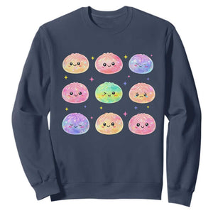 Kawaii Glitter Dumpling Face Grid Graphic Sweatshirt Cute Pastel Bao Emoji Expressions