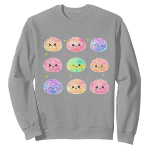 Kawaii Glitter Dumpling Face Grid Graphic Sweatshirt Cute Pastel Bao Emoji Expressions