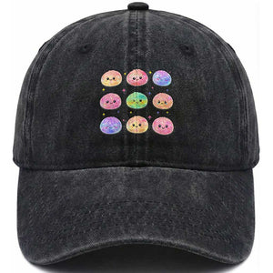 Kawaii Glitter Dumpling Face Grid Graphic Washed Cotton Baseball Cap Cute Pastel Bao Emoji Expressions