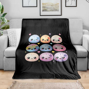 Kawaii Glitter Dumpling Bao Dim Sum Graphic Throw Blanket Cute Pastel Foodie Squishy Hearts and Flowers