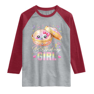 Kawaii Birthday Girl Glitter Dumpling Graphic Raglan Shirt Cute Pink Bow Dim Sum Party Gift