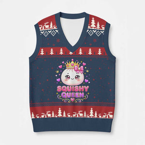 Squishy Queen Kawaii Glitter Dumpling Graphic V-Neck Knit Sweater Vest Cute Tiara Crown and Pink Bow