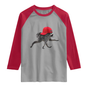 Funny Jimothy Raccoon Wearing Red Cap Graphic Raglan Shirt Viral Seattle Trash Panda Feral Legend