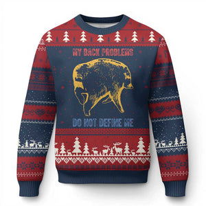 Funny Jimothy Meme Back Pain Humor Ugly Christmas Sweater My Back Problems Do Not Define Me Viral Seattle Raccoon