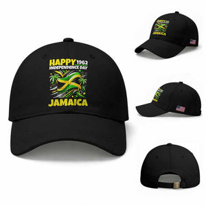 Happy Jamaican Independence Day 1962 Graphic Baseball Cap Jamaica Waving Flag and Palm Trees Caribbean Pride