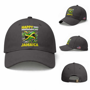Happy Jamaican Independence Day 1962 Graphic Baseball Cap Jamaica Waving Flag and Palm Trees Caribbean Pride