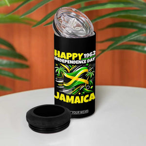 Happy Jamaican Independence Day 1962 Graphic 4 in 1 Can Cooler Tumbler Jamaica Waving Flag and Palm Trees Caribbean Pride