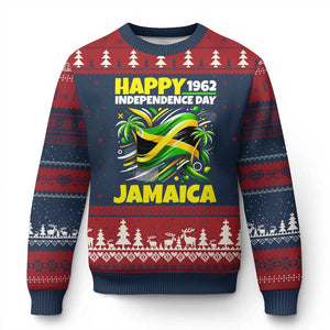 Happy Jamaican Independence Day 1962 Graphic Ugly Christmas Sweater Jamaica Waving Flag and Palm Trees Caribbean Pride