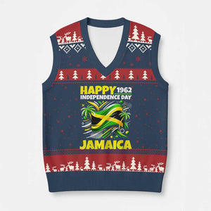 Happy Jamaican Independence Day 1962 Graphic V-Neck Knit Sweater Vest Jamaica Waving Flag and Palm Trees Caribbean Pride