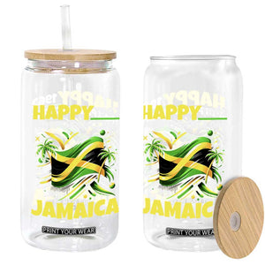 Happy Jamaican Independence Day 1962 Graphic Glass Can Jamaica Waving Flag and Palm Trees Caribbean Pride
