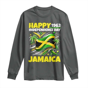 Happy Jamaican Independence Day 1962 Graphic Long Sleeve Shirt Jamaica Waving Flag and Palm Trees Caribbean Pride