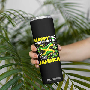 Happy Jamaican Independence Day 1962 Graphic Skinny Tumbler Jamaica Waving Flag and Palm Trees Caribbean Pride