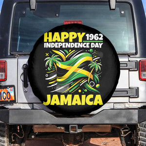 Happy Jamaican Independence Day 1962 Graphic Spare Tire Cover Jamaica Waving Flag and Palm Trees Caribbean Pride