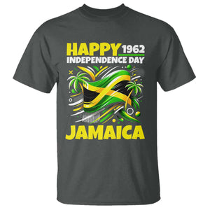 Happy Jamaican Independence Day 1962 Graphic T Shirt Jamaica Waving Flag and Palm Trees Caribbean Pride