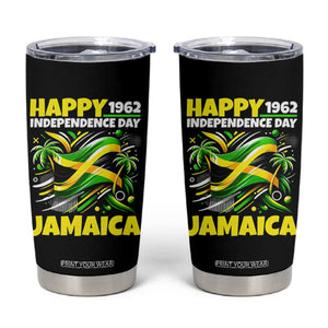 Happy Jamaican Independence Day 1962 Graphic Tumbler Cup Jamaica Waving Flag and Palm Trees Caribbean Pride