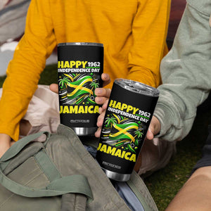 Happy Jamaican Independence Day 1962 Graphic Tumbler Cup Jamaica Waving Flag and Palm Trees Caribbean Pride