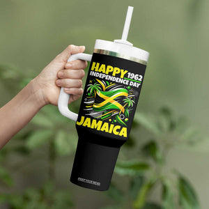 Happy Jamaican Independence Day 1962 Graphic Tumbler With Handle Jamaica Waving Flag and Palm Trees Caribbean Pride