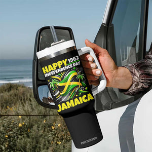 Happy Jamaican Independence Day 1962 Graphic Tumbler With Handle Jamaica Waving Flag and Palm Trees Caribbean Pride