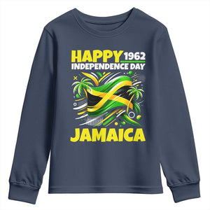 Happy Jamaican Independence Day 1962 Graphic Youth Sweatshirt Jamaica Waving Flag and Palm Trees Caribbean Pride