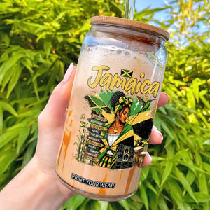 Proud Jamaican Queen Jamaica Roots Heritage Glass Can Doctor Bird and Island Landmarks Graphic