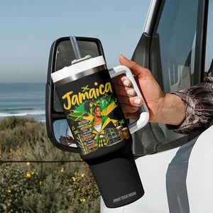 Proud Jamaican Queen Jamaica Roots Heritage Tumbler With Handle Doctor Bird and Island Landmarks Graphic