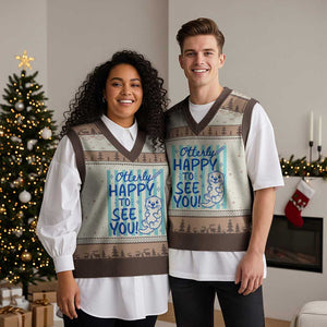 Cute Otter Pun Back To School Retro Preppy V-Neck Knit Sweater Vest Otterly Happy To See You