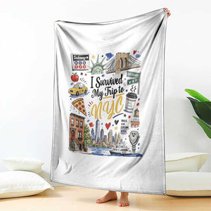 I Survived My Trip To NYC Iconic Symbols Graphic Throw Blanket Funny New York City Travel Humor Vacation Souvernir