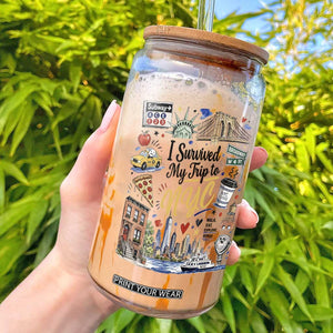 I Survived My Trip To NYC Iconic Symbols Graphic Glass Can Funny New York City Travel Humor Vacation Souvernir