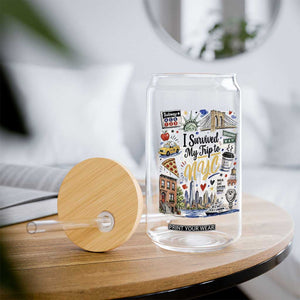 I Survived My Trip To NYC Iconic Symbols Graphic Glass Can Funny New York City Travel Humor Vacation Souvernir