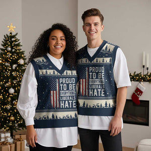 Proud To Be Everything Liberals Hate Satire V-Neck Knit Sweater Vest Distressed American Flag Patriotic Sarcasm Graphic