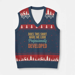 Does This Shirt Make Me Look Professionally Developed V-Neck Knit Sweater Vest Retro 70s Cursive Funny Professional Development Workplace Humor