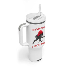 On My Way To Have A Jimothy Summer Tumbler With Handle Funny Viral Seattle Raccoon Wearing Red Cap