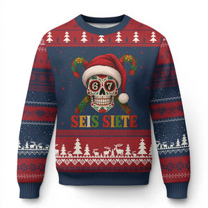 Seis Siete Xmas Meme Ugly Christmas Sweater Sugar Skull 67 Santa Hat Candy Canes TS02 Navy Red Print Your Wear