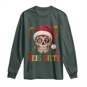 Seis Siete Christmas Meme Long Sleeve Shirt Sugar Skull 67 Santa Hat Candy Canes TS02 Dark Forest Green Print Your Wear