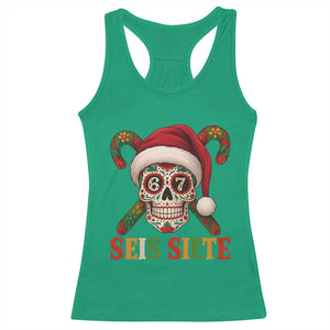 Seis Siete Christmas Meme Racerback Tank Top Sugar Skull 67 Santa Hat Candy Canes TS02 Irish Green Print Your Wear