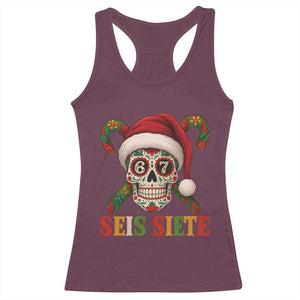 Seis Siete Christmas Meme Racerback Tank Top Sugar Skull 67 Santa Hat Candy Canes TS02 Maroon Print Your Wear